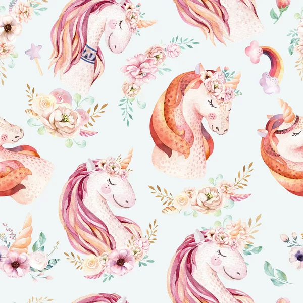 Söt Akvarell Unicorn Med Blommor Plantskolan Magisk Enhörning Mönster Prinsessan — Stockfoto