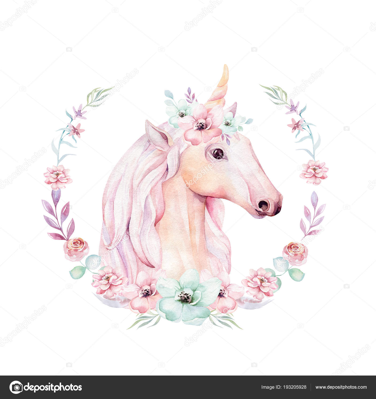 Isolated Cute Watercolor Unicorn Clipart Flower Wreath ...
