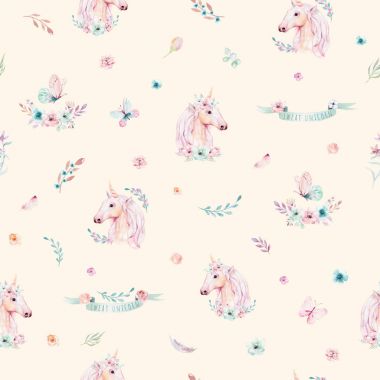 Şirin suluboya tek boynuzlu at seamless modeli çiçekli.