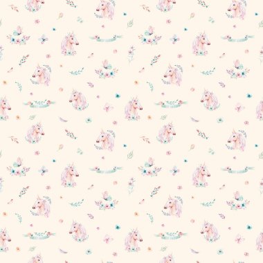 Şirin suluboya tek boynuzlu at seamless modeli çiçekli.