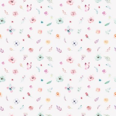 Orman ile sorunsuz arka plan yapraklar, çiçekler, tüyler ve kelebekler