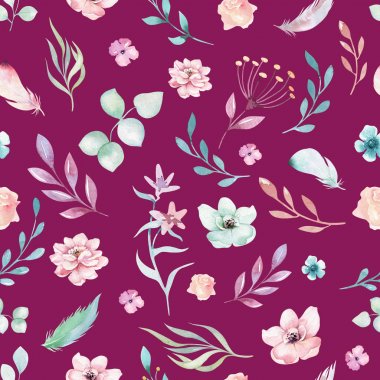 Orman yaprak ve çiçek bordo arka plan deseni