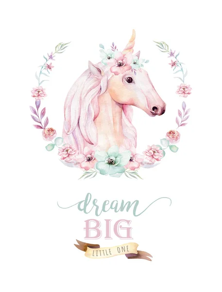 Isolerade Söt Akvarell Unicorn Clipart Med Blomsterkrans — Stockfoto