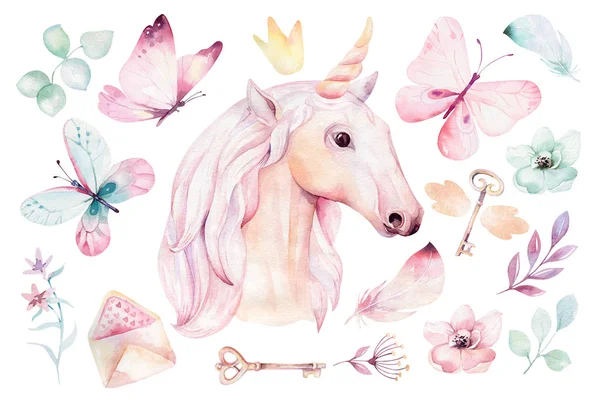 Isolerade Söt Akvarell Unicorn Clipart Med Blommiga Detaljer — Stockfoto