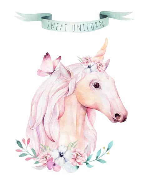 Aislado Linda Acuarela Unicornio Clipart Con Detalles Florales —  Fotos de Stock