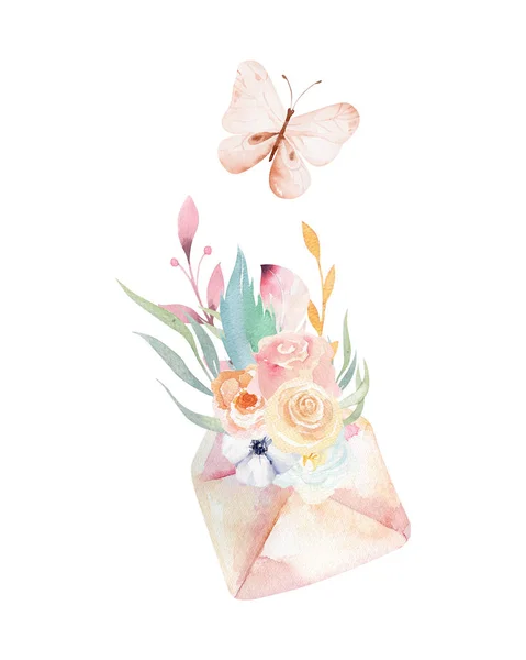 白色背景下的信封 花朵和蝴蝶的水彩图画 — 图库照片