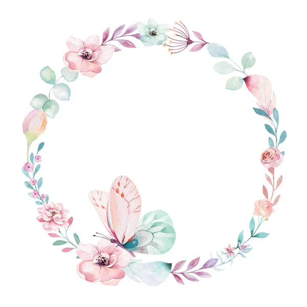 Watercolor floral wreath in fantasy style isolated on white background