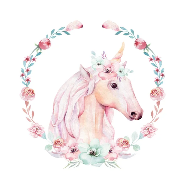 Isolerade Söt Akvarell Unicorn Clipart Med Blomsterkrans — Stockfoto