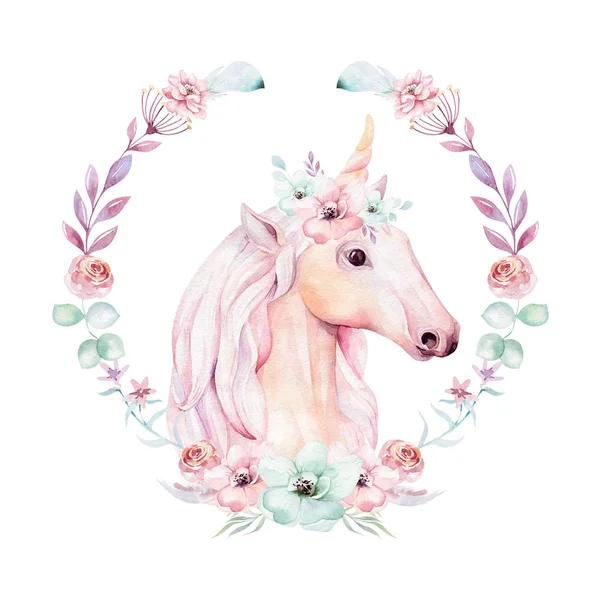 Aislado Lindo Acuarela Unicornio Clipart Con Corona Flores —  Fotos de Stock