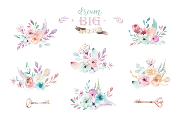 Set Aquarel Boho Bloemen Boeketten — Stockfoto