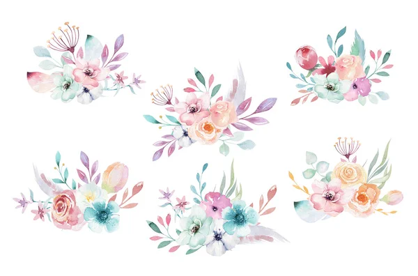 Uppsättning Akvarell Boho Floral Buketter — Stockfoto