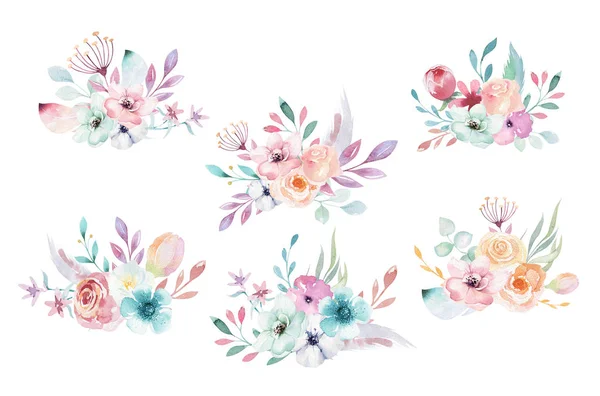 Set Aquarel Boho Bloemen Boeketten — Stockfoto