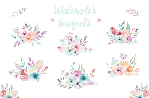 Conjunto Buquês Florais Boho Aquarela — Fotografia de Stock