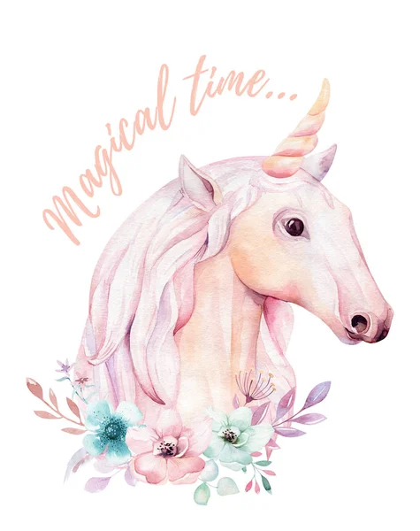 Aislado Linda Acuarela Unicornio Clipart Con Detalles Florales —  Fotos de Stock