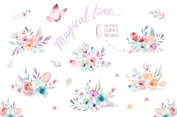 Conjunto Buquês Florais Boho Aquarela — Fotografia de Stock