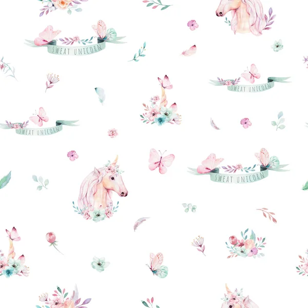 白い背景で隔離の花水彩画のかわいいユニコーン シームレス パターン — ストック写真