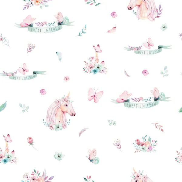 Mignon Motif Sans Couture Licorne Aquarelle Avec Des Fleurs Isolées — Photo