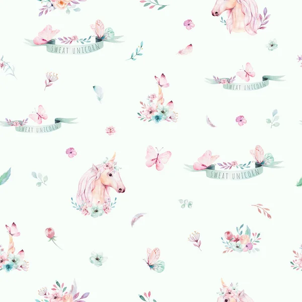 Mignon Motif Sans Couture Licorne Aquarelle Avec Des Fleurs Isolées — Photo