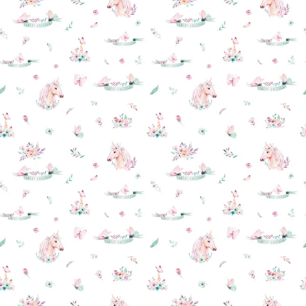 白い背景で隔離の花水彩画のかわいいユニコーン シームレス パターン — ストック写真