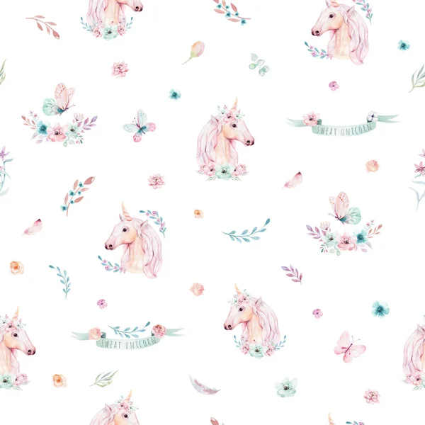 Söt Akvarell Unicorn Sömlösa Mönster Med Blommor Isolerad Vit Bakgrund — Stockfoto