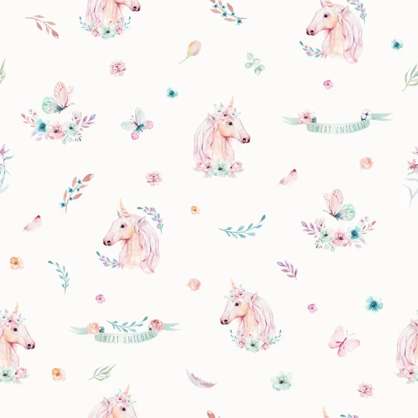 Söt Akvarell Unicorn Sömlösa Mönster Med Blommor — Stockfoto