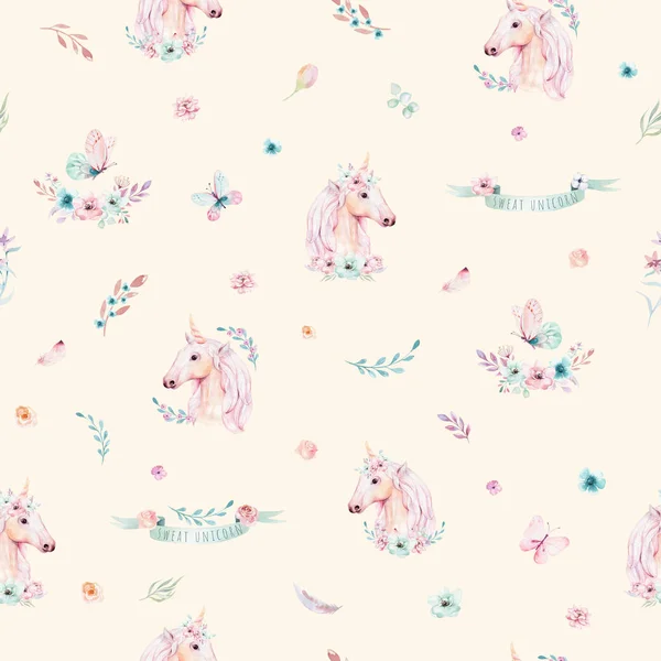 Cute watercolor unicorn seamless pattern with flowers.