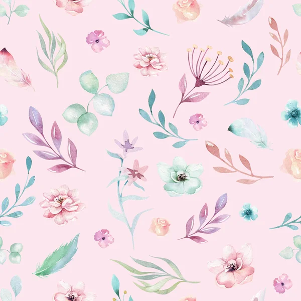 Pattern Forest Leaves Flowers Pink Background — Stock Photo, Image