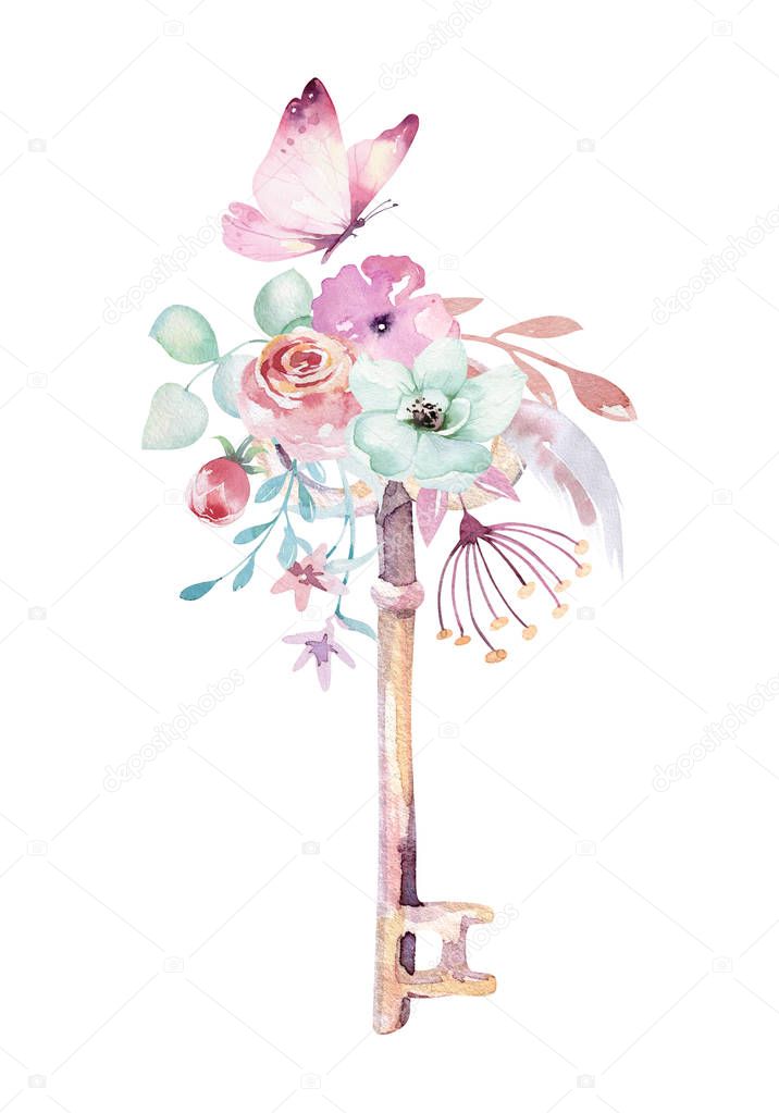 Watercolor flowers and key in fantasy style