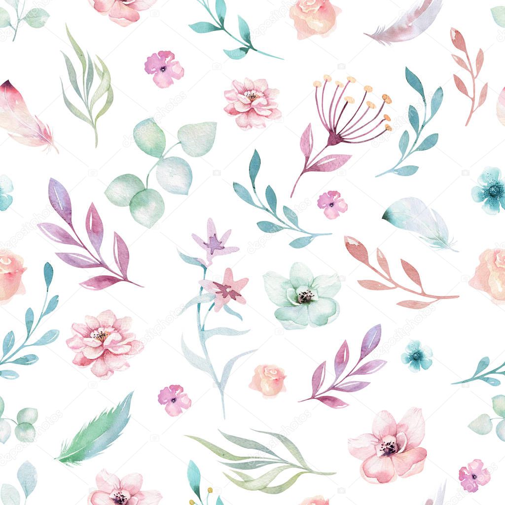 Floral pattern with watercolor flowers isolated on white background