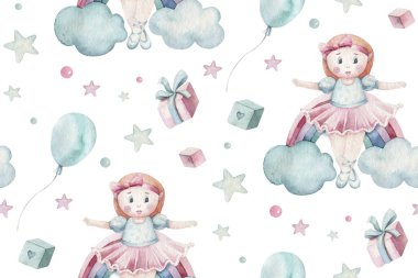 Bebek partisi çocuğu suluboya kızı kusursuz desenli kelebek çizgi film elementleri ile kuğuladı. Bebek pembe elbisesi ve bebek botları doğum günü illüstrasyonu seti. Yeni doğan gökkuşağı partisi daveti