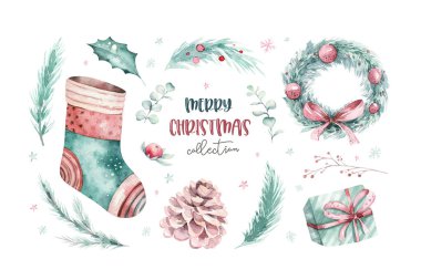 Suluboya bayram zirvesi. Kış dekorasyonu. Mutlu noel tasarımı. Çam ağacı dalı, çerçeve, çilek. Yeni yıl davet dekoratif tasarımı