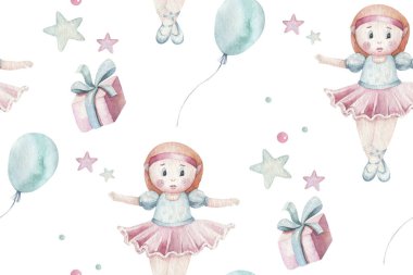 Bebek partisi çocuğu suluboya kızı kusursuz desenli kelebek çizgi film elementleri ile kuğuladı. Bebek pembe elbisesi ve bebek botları doğum günü illüstrasyonu seti. Yeni doğan gökkuşağı partisi daveti