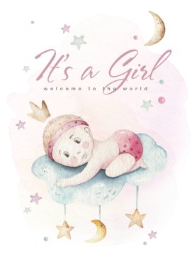 Bebek partisi suluboya kız tasarım elementleri. Bebek pembe doğum günü illüstrasyonları. Yeni doğan parti daveti