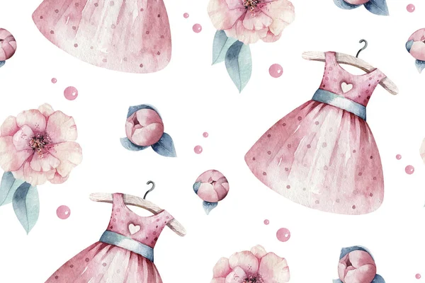 Baby dusch kid svan akvarell flicka sömlös mönster fjäril tecknad element. Uppsättning baby rosa klänning och babys bootees födelsedag illustration. Nyfödd regnbågsfest inbjudan — Stockfoto