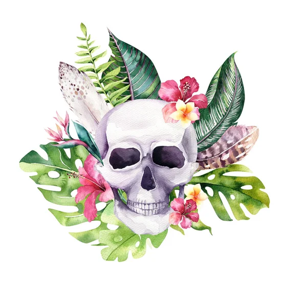Lidská akvarel lebka s květinovými tropickými kyticemi. Mexický den mrtvých. Tropická hlava ročník helloween ilustrace. Retro tetování smrt design retro kresba — Stock fotografie