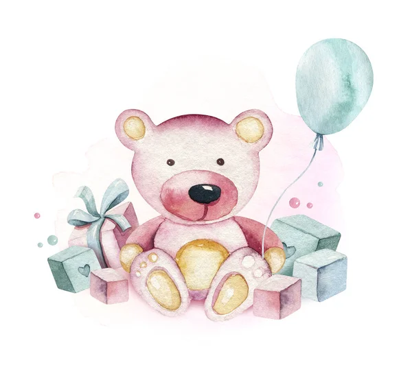 Baby shower dziecko ponosi akwarela dziewczyna elementy projektu. Zestaw różowych ilustracji urodzinowych dziecka. Zaproszenie dla nowo narodzonych — Zdjęcie stockowe