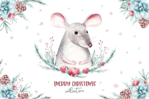 Akvarell ünnep karácsonyi patkány, egér előfizető. Téli dekorációs elem. Boldog karácsonyt kívánok. Fenyő ág, keret, bogyók. Szilveszteri meghívó dekoratív design — Stock Fotó