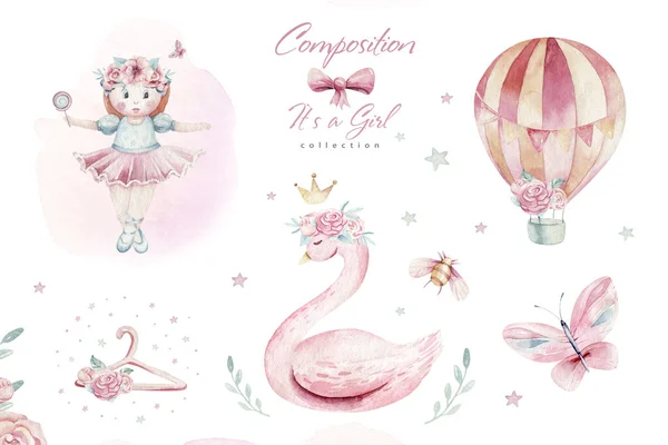 Baby shower kid swan watercolor girl design cartoon elements. Set of baby pink birthday balloon toy dress illustration. Newborn party set invitation — Stock Photo, Image