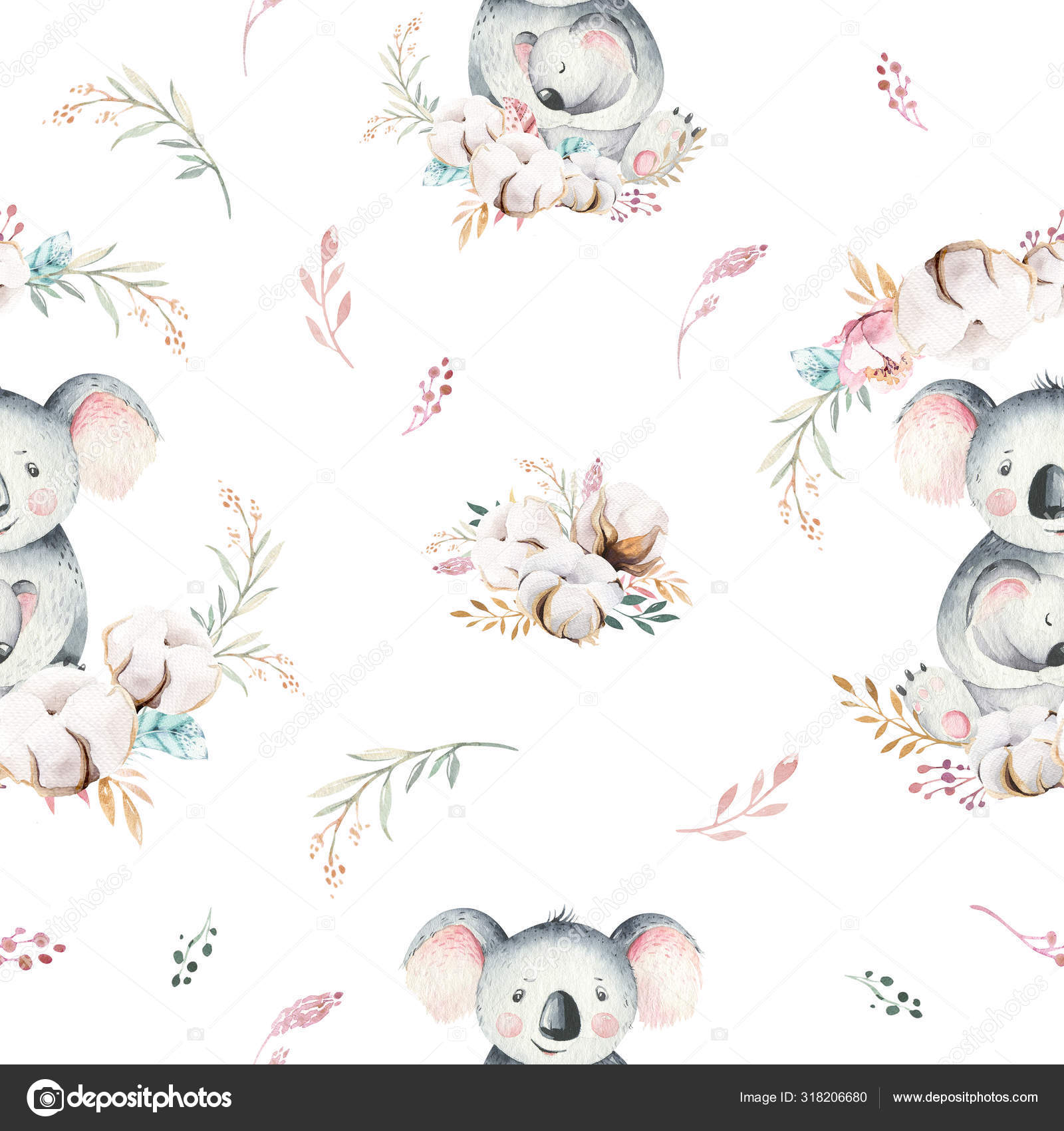 Watercolor Cute Cartoon Little Baby And Mom Koala With Floral Wreath Seamless Pattern Tropical Fabric Background Mother And Baby Design Animal Family Kid Love Birthday Drawing Stock Photo By C Mykef