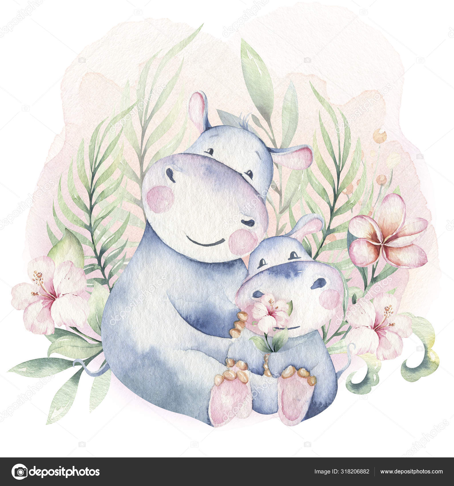 Mignon Dessine A La Main Isole Tropical Ete Aquarelle Hippopotame Animaux Hippopotame Bebe Et Mere Dessin Anime Animaux Illustrations Arbre De La Jungle Design Branche Bresilien Collection Aloha Image Libre De