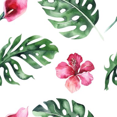 Parlak suluboya tropik canavar yaprakları seti. Buket tropik palmiye yaprağı, dikişsiz desen, çiçek ve ormandan gelen dallar. Egzotik arka plan botanik tasarımı Hawaii