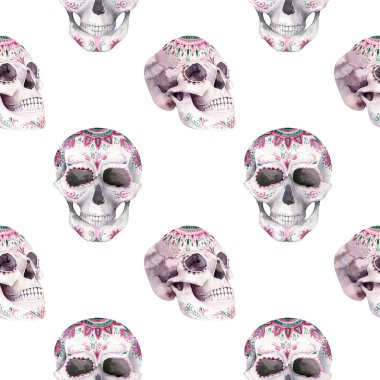 İnsan suluboya kafatası kusursuz desen. Meksika Ölüler Günü. Tropic Head 'in klasik cadılar bayramı çizimi. Retro dövme ölüm tasarımı geriye dönük çizim