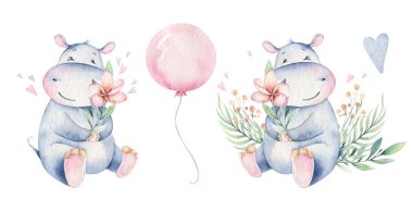 El sevimli izole tropikal yaz suluboya su aygırı hayvanlar çizilmiş. su aygırı bebek ve anne karikatür hayvan illüstrasyonlar, orman ağacı, brezilya trendy tasarım. Aloha koleksiyonu.