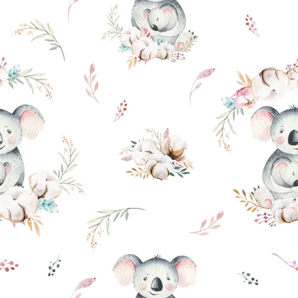 Akvarell söt tecknad liten baby och mamma koala med blommig krans sömlöst mönster. tropisk tyg bakgrund. Mors och barns design. Djurfamilj. Grabben älskar födelsedagsteckning — Stockfoto