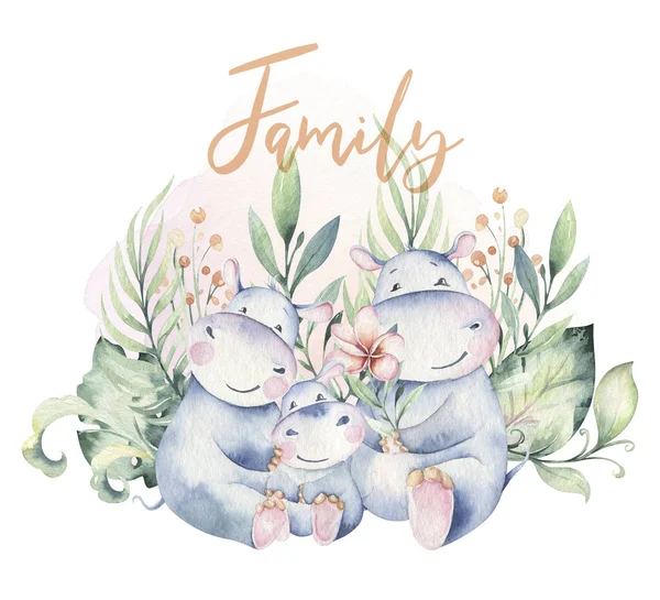 Hand drawn cute isolated tropical summer watercolor hippo animals. hippopotamus baby and mother cartoon animal illustrations, jungle tree, brazil trendy design. Aloha collection.