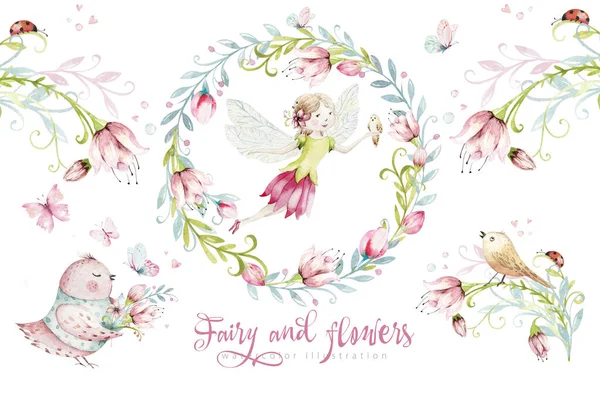 Carino personaggio fata acquerello illustrazione su sfondo bianco. Fantasia magica cartone animato rosa disegno fiaba. Compleanno bambina — Foto Stock