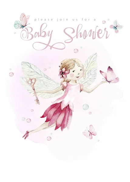 Roztomilé pohádkové akvarel ilustrace na bílém pozadí. Magic fantasy karikatura růžová pohádka design. Baby girl birthday — Stock fotografie