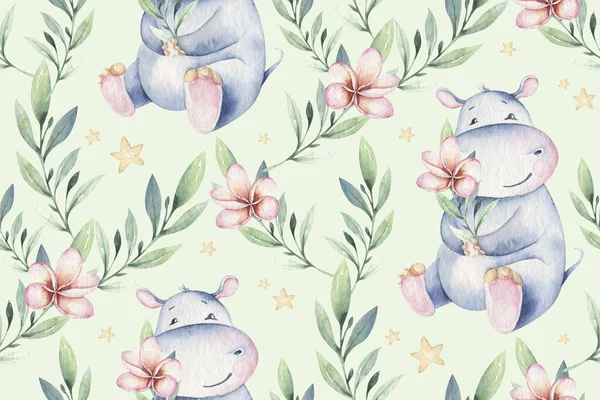 Hand drawn cute isolated tropical summer watercolor hippo animals seamless pattern. hippopotamus baby and mother cartoon animal illustrations, jungle tree, brazil trendy design. — Stock Photo, Image