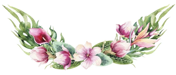 Mazzo floreale acquerello disegnato a mano con piante tropicali e fiori — Foto Stock
