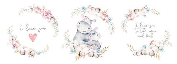 Akvarell aranyos rajzfilm illusztráció aranyos mami víziló és a baba, virág levelek koszorú. Anya és baba illusztráció design. Trópusi anya és gyerek — Stock Fotó